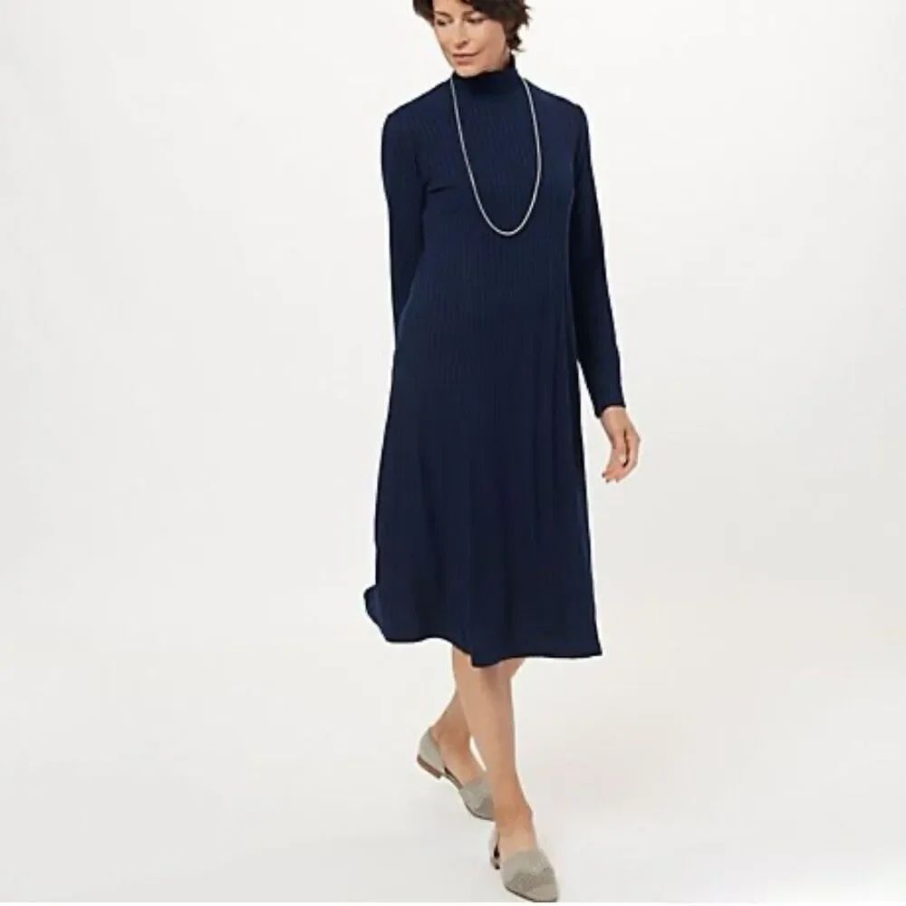 Susan Graver Petite Sweater Rib Knit Mock-Neck Midi Dress Size MP Navy